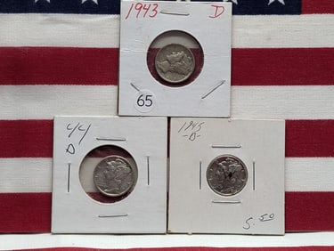 (3 Coins) 1943 D, 1944 D, 1945D Mercury Dimes