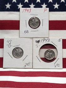 (3 Coins) 1943 P, D, and S, Mercury Dimes