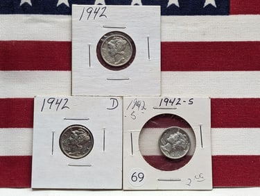 (3 Coins) 1942 P, D and S Mercury Dimes