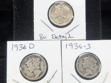 Three Mercury Dimes 1936 P-D-S Mint mark collection