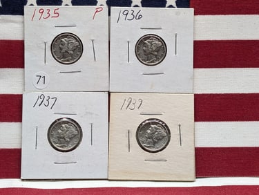 (3 Coins) 1935 P, 1936 P, 1937 P, 1939 P Mercury Dimes