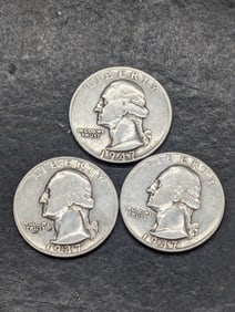 3-1947 S, P, P, 90% Silver Washington Quarters, 78 Years Old