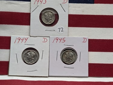 (3 Coins) 1943 D, 1944 D, 1945D Mercury Dimes