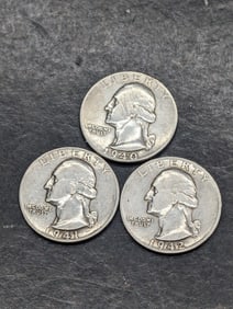 3 Consecutive, 1940 P-1941 P-1942 S, WWII Era, 90% Silver Washington Quarters, Over 80 Years Old