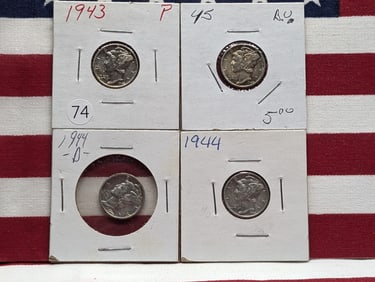 (4 Coins) 1943 P, 1944P, 1944 D, and 1945 P Mercury Dimes