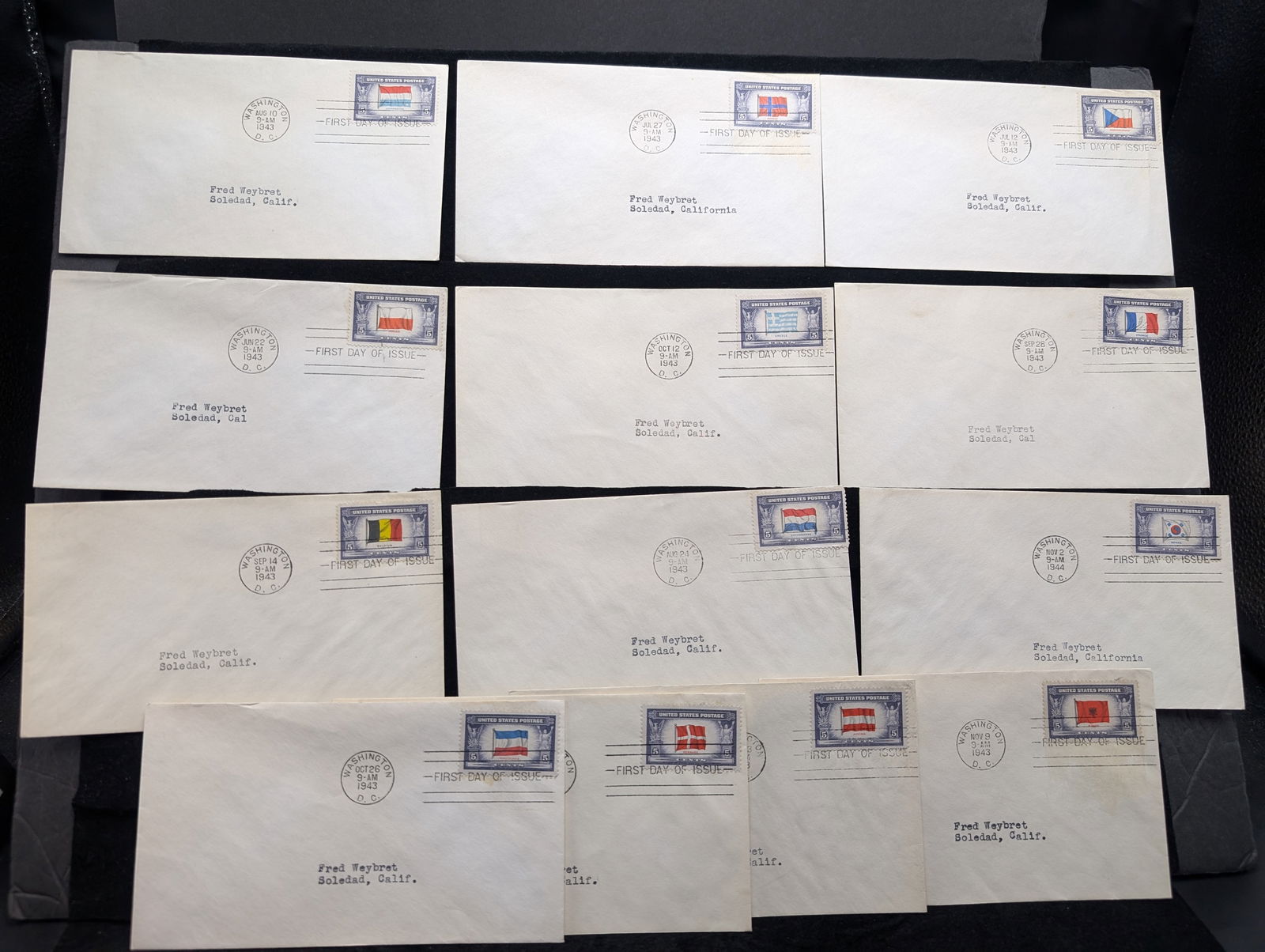 (13) Complete Set "WWII Overrun Country Flags" First Day Covers (1 of 7)
