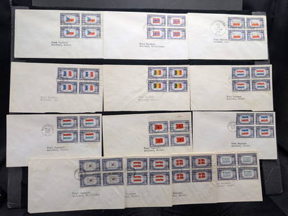 Complete Four Block Set "WWII Overrun Country Flags" First Day Covers: Complete Four Block Set "WWII Overrun Country Flags" First Day Covers