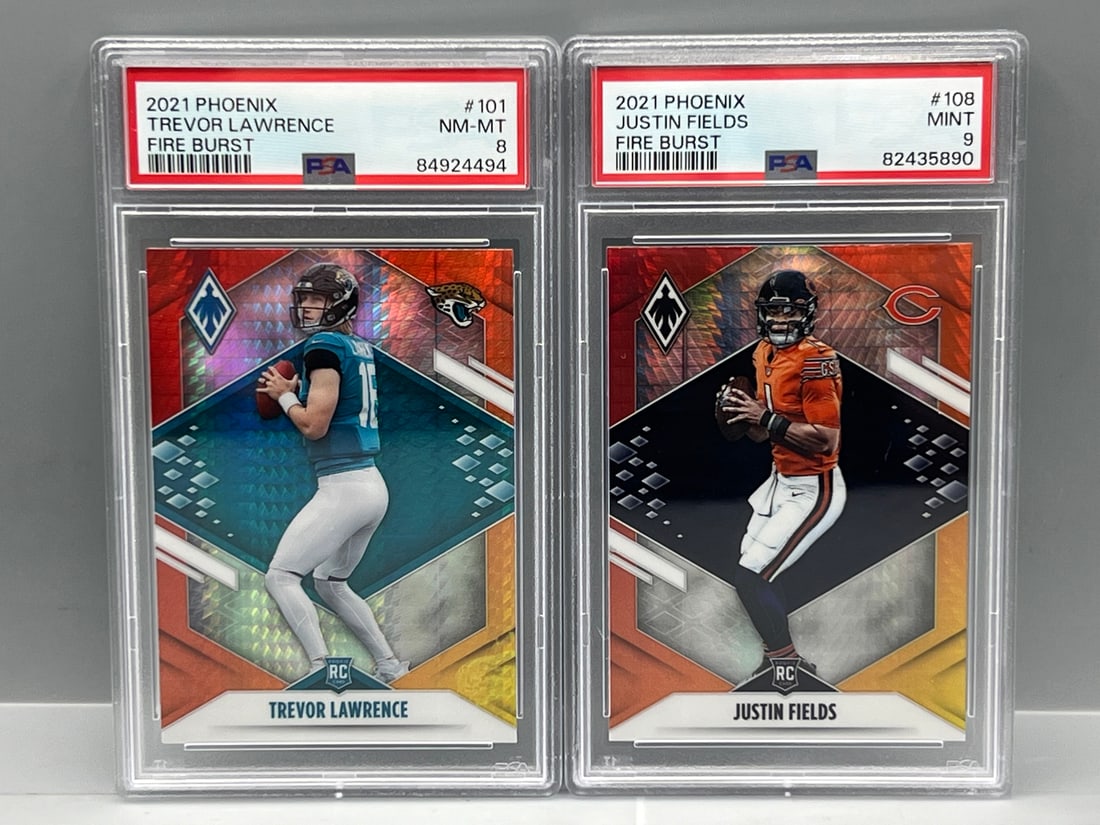 2021 Panini Phoenix Trevor Lawrence Fire Burst RC #101 PSA NM-MT 8 & Justin Fields Fire Burst RC: 2021 Panini Phoenix Trevor Lawrence Fire Burst RC #101 PSA NM-MT 8 & Justin Fields Fire Burst RC #108 PSA Mint 9