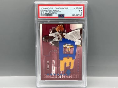 2003 Upper Deck Triple Dimensions Shaquille O'Neal 3-D Warmups Game Used Relic #065/999 PSA EX 5