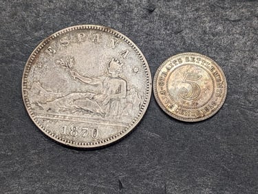 1870 Spain 2 Silver Pesetas & 1918 Straits Settlements 5 Silver Cents
