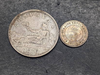 1870 Spain 2 Silver Pesetas & 1918 Straits Settlements 5 Silver Cents: 1870 Spain 2 Silver Pesetas & 1918 Straits Settlements 5 Silver Cents