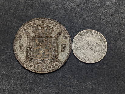 1880 Belgium 1 Silver Franc & 1881 Colombia 2 1/2 Centavos: 1880 Belgium 1 Silver Franc & 1881 Colombia 2 1/2 Centavos