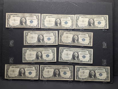 (1) 1935-C, (7) 35-G, (1) 1957, (1) 57-B Series $1.00 Silver Certificates: (1) 1935-C, (7) 35-G, (1) 1957, (1) 57-B Series $1.00 Silver Certificates