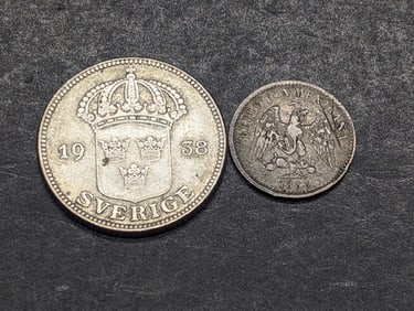 1938-G Sweden 50 Silver Ore & 1888 Mexico 5 Silver Centavos