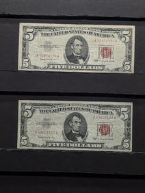Lot of Two 1963 $5.00 RED SEAL Banknotes
