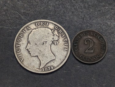 1874-A German Empire 2 Pfennig & 1874 Great Britain 1/2 Silver Crown