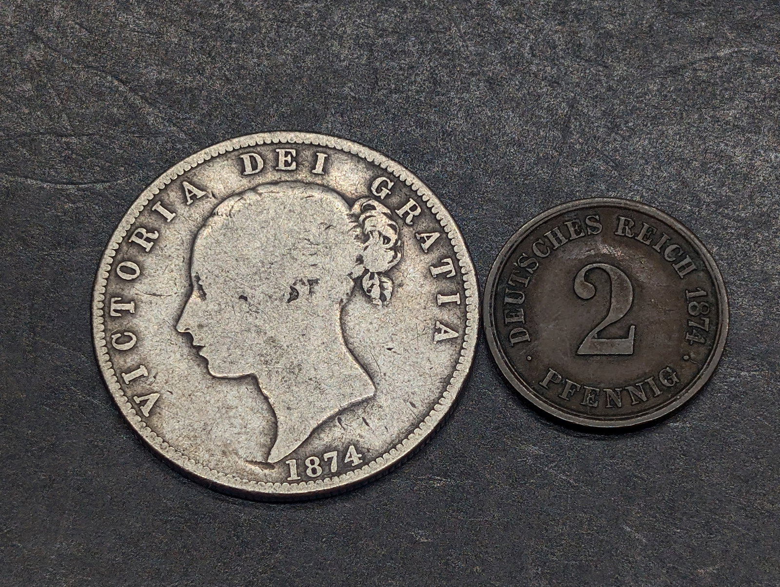 1874-A German Empire 2 Pfennig & 1874 Great Britain 1/2 Silver Crown (1 of 2)