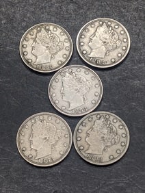 Lot of Five 1883 N/C Liberty Head V-Nickels