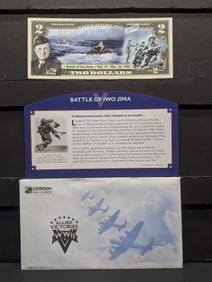 Allied Victories of WWII Battle of Iwo Jima Colorized $2.00 Federal Reserve Note w/ Info Card