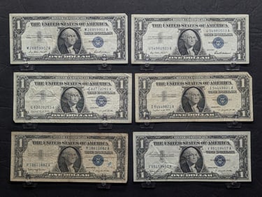 (6) 1957 Dollar 1 Silver Certificates (2) 1957 (2) 1957 A (2) 1957 B