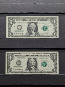 Lot of Two 2013 Series $1.00 Federal Reserve Notes w/ Fancy Serial Numbers - Tri-nary Notes, one