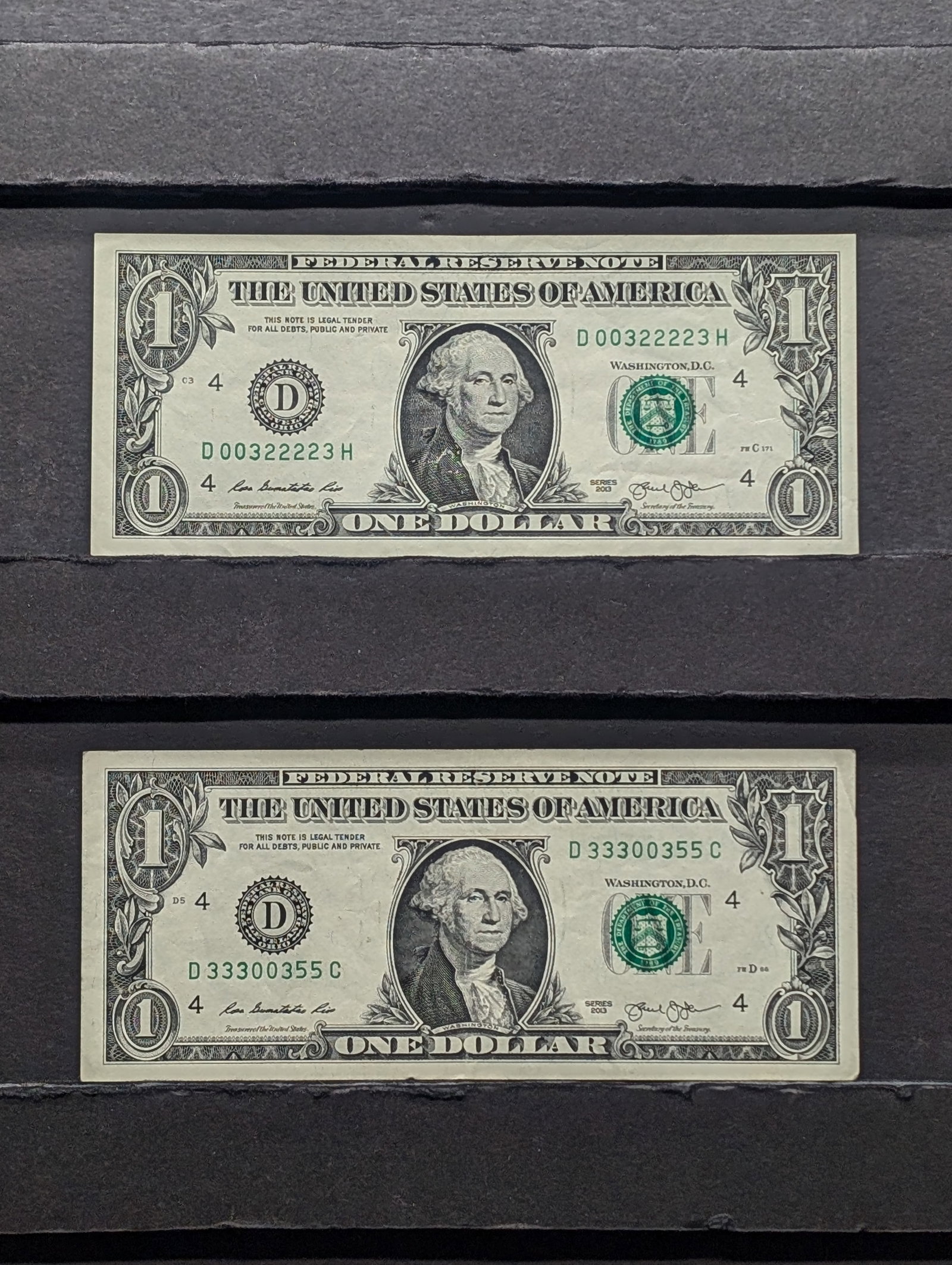 Lot of Two 2013 Series $1.00 Federal Reserve Notes w/ Fancy Serial Numbers - Tri-nary Notes, one (1 of 6)
