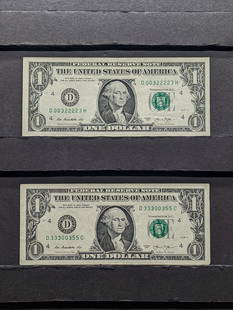 Lot of Two 2013 Series $1.00 Federal Reserve Notes w/ Fancy Serial Numbers - Tri-nary Notes, one: Lot of Two 2013 Series $1.00 Federal Reserve Notes w/ Fancy Serial Numbers - Tri-nary Notes, one Four in a Row numbers