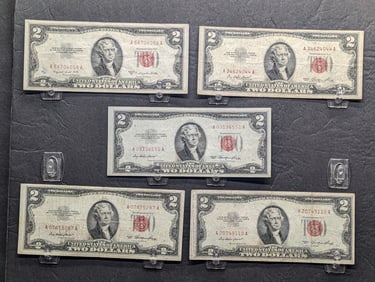 (4) 1953, (1) 53-B Series $2.00 RED SEAL Banknotes