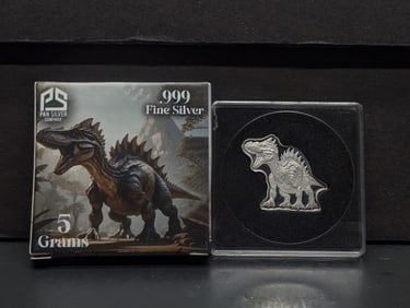 5 Grams .999 SILVER Tyrannosaurus Rex Designed Bullion in Display Case - Limited Mintage
