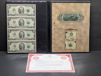 Uncut Sheet of Four 2003 Series $2.00 Federal Reserve Notes in Display Book w/ COA & Information: Uncut Sheet of Four 2003 Series $2.00 Federal Reserve Notes in Display Book w/ COA & Information Sheet