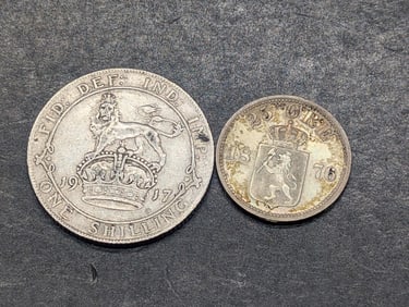 1917 Great Britain 1 Silver Shilling & 1876 Sweden 25 Silver Ore