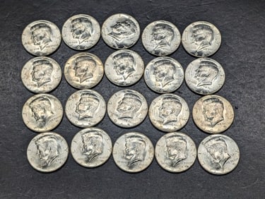 Original roll, 1965 40% silver Kennedy Halves. Great luster.