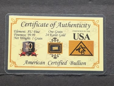 1 Grain .9999 FINE 24k GOLD Miniature Bar in Display Card w/ COA