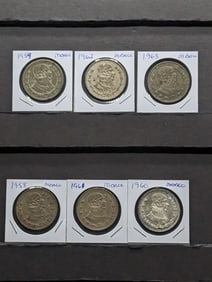 Six Mexican silver pesos: 1958, 59, 60, 61, 62, and 63. Various grades. 10% silver.