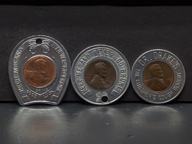 3 Encased Cents: 1949 Dr Drakes, 1962-D North Side Sharpen All, and 2001 D Cool Springs Park, West