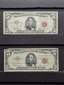 Lot of Two 1963 $5.00 RED SEAL Banknotes