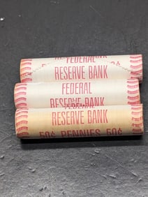 Three bank wrapped rolls, 1976 P Bicentennial Cents. RED BU.
