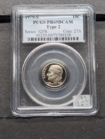 1979-S Type 2 Roosevelt Dime. Slabbed by PCGS, top grader, as Proof 69, deep Cameo. The tougher