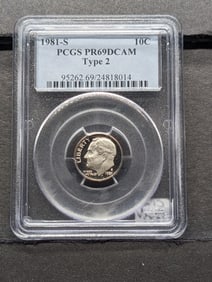 1981-S Type 2 Roosevelt Dime. Slabbed by PCGS, top grader, as Proof 69, deep Cameo. The tougher Type