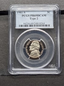 1981-S Type 2 Jefferson Nickel. Slabbed by PCGS, top grader, as Proof 69, deep Cameo. The tougher