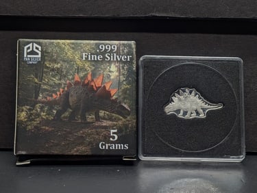 5 Grams .999 SILVER Stegosaurus Designed Bullion in Display Case - Limited Mintage