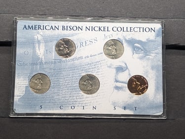 American Bison Nickel Collection in Display - 5 Coin Set (P&D Mint, Colorized, Holographic & 24k