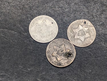 Lot of 3 Three Cent Silver Pieces w/ Minor Damage