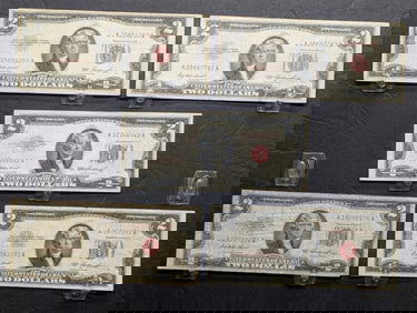 Lot of Five 1953 Series $2.00 RED SEAL Banknotes