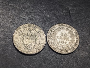 1930 Panama 1/10 Silver Balboa & 1887-A France 50 Silver Centimes