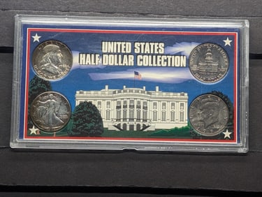 United States Half Dollar Collection in Display (1942 Walking Liberty, 1962 Franklin, 1992 Kennedy &