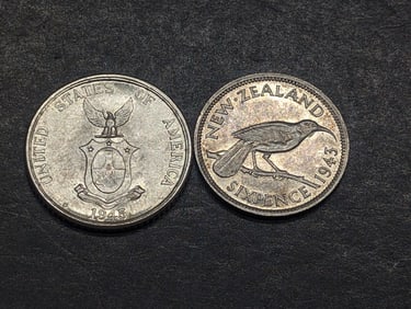 1943 New Zealand 6 Silver Pence & 1945-D Philippines 20 Silver Centavos