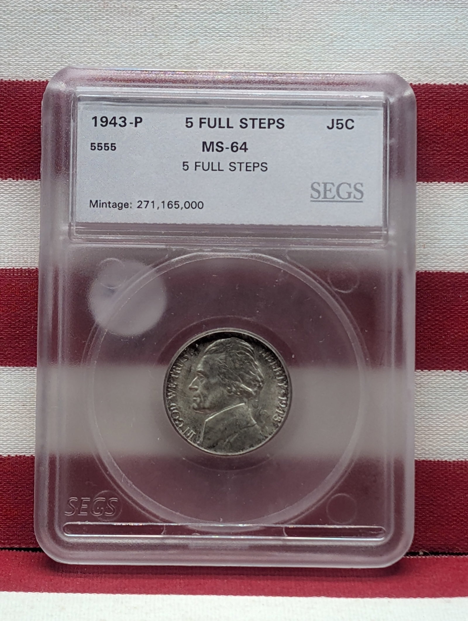 1943-P Jefferson Nickel Slabbed by SEGS MS64: 1943-P Jefferson Nickel Slabbed by SEGS MS64
