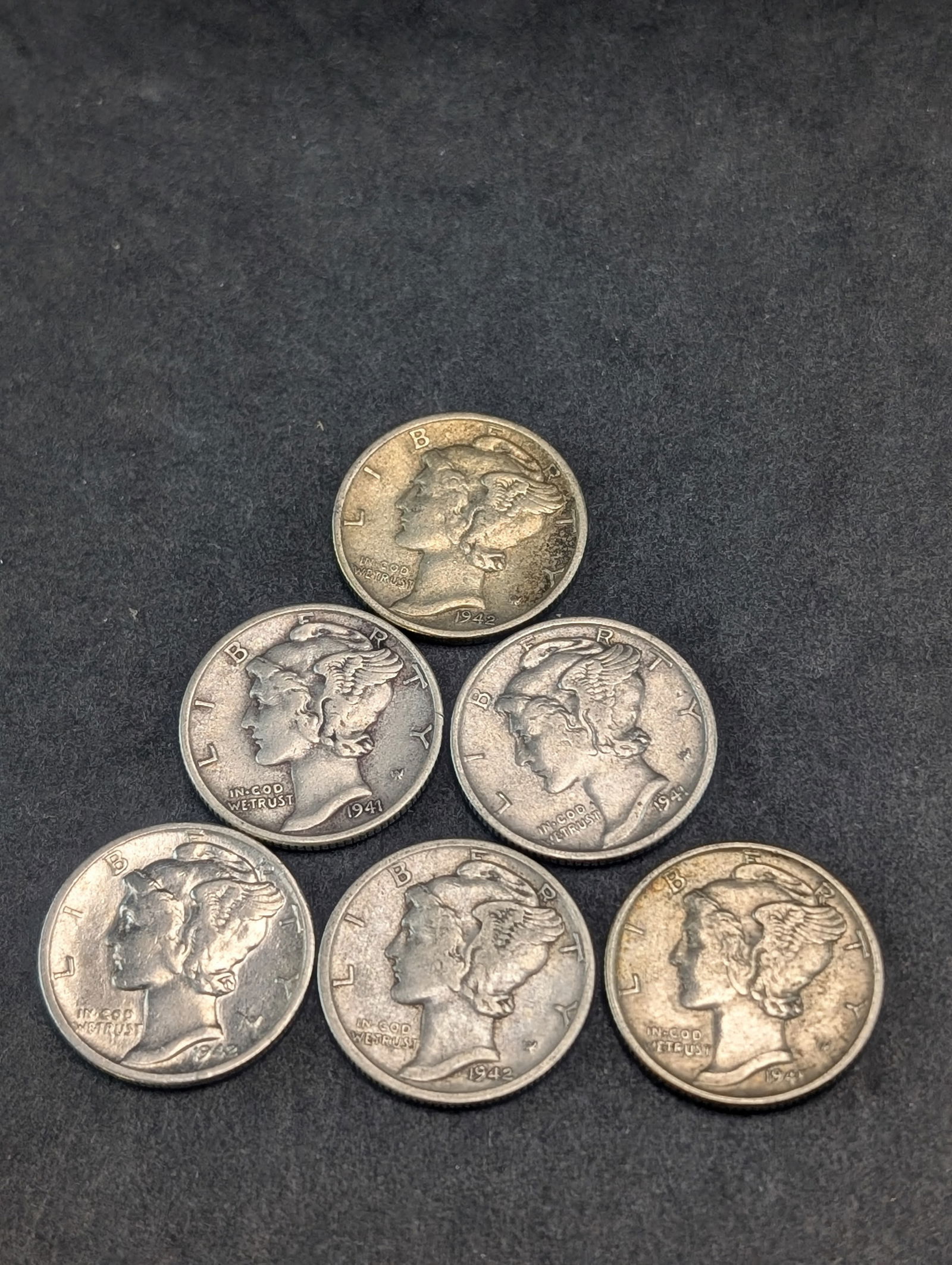 1941 P-D-S  & 1942 P-D-S Mercury Head Dimes. 6 Coins. (1 of 5)