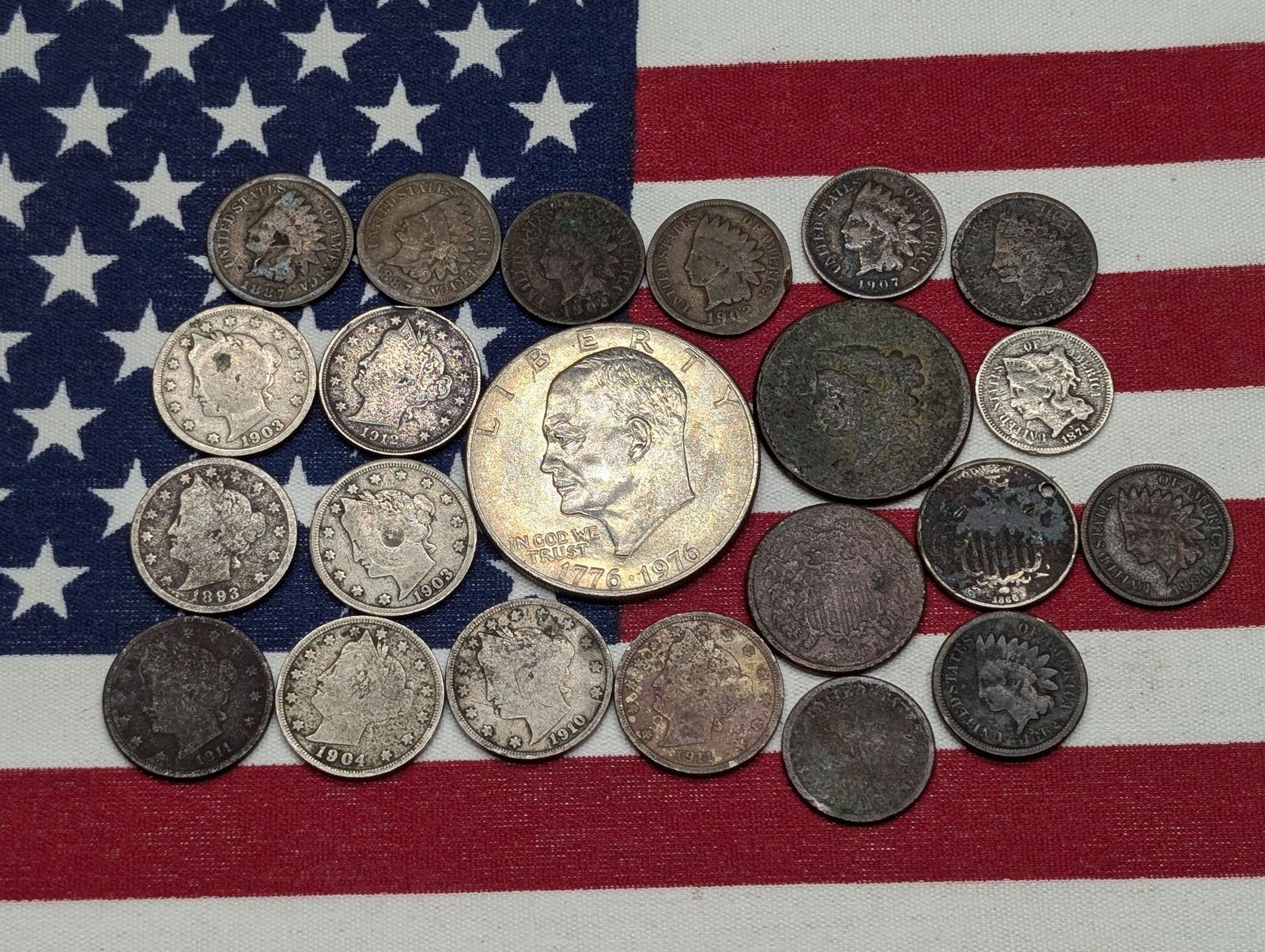 Large Grab Bag of 22 Various Vintage U.S. Coins 1976 Ike Dollar, U.S. Large Cent, 1874 3 cent (1 of 5)